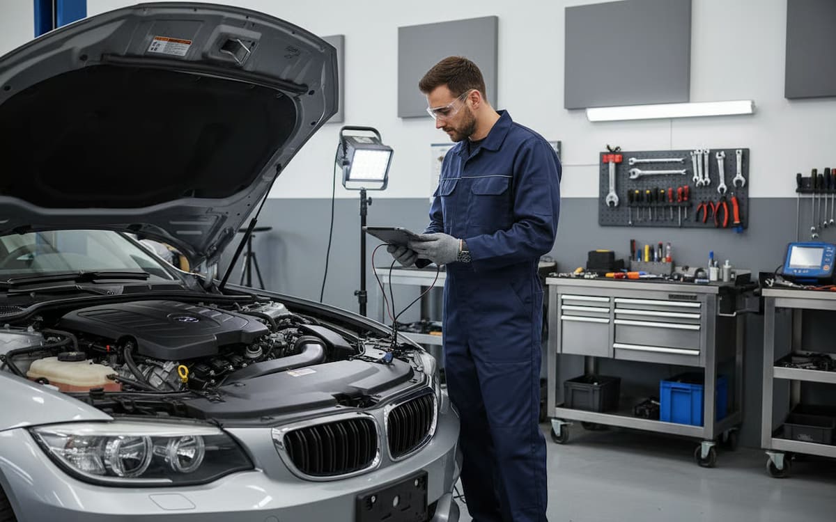 1 masini fiabile - Mecanic verificand un motor de masina BMW cu un tester