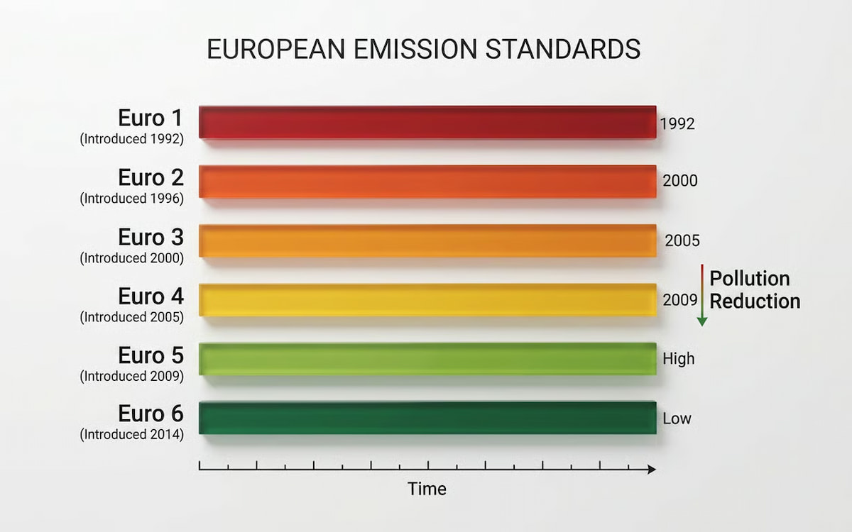 Infografic cu evolutia standardelor de emisii Euro, de la Euro 1 la Euro 6